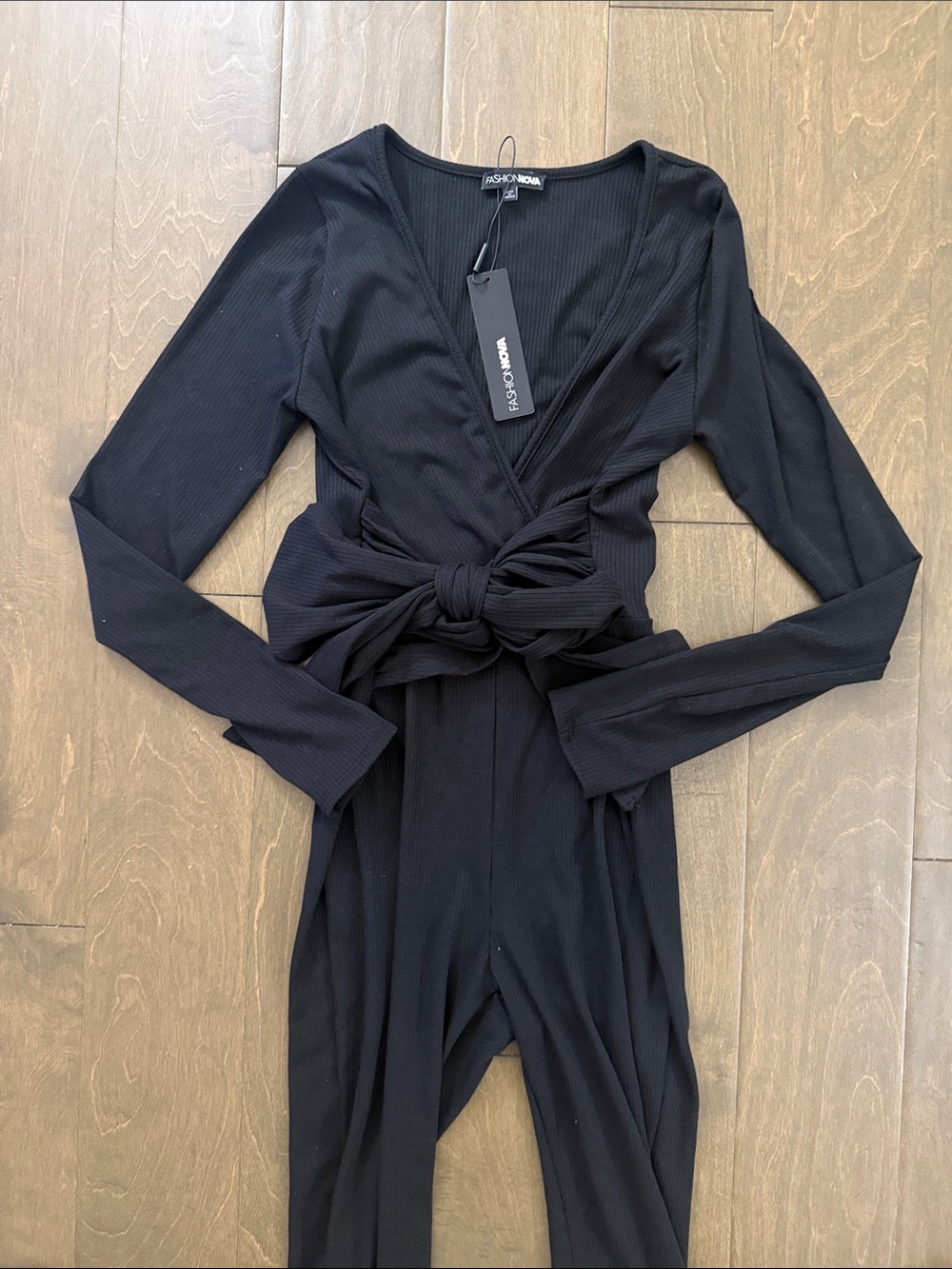 Fashion Nova Black Long-Sleeve Tie-Waist Jumpsuit